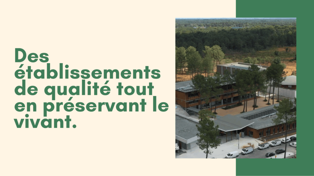 Photo du collège du Pian-Médoc en vue aérienne. Texte : Des établissements de qualité tout en préservant le vivant.